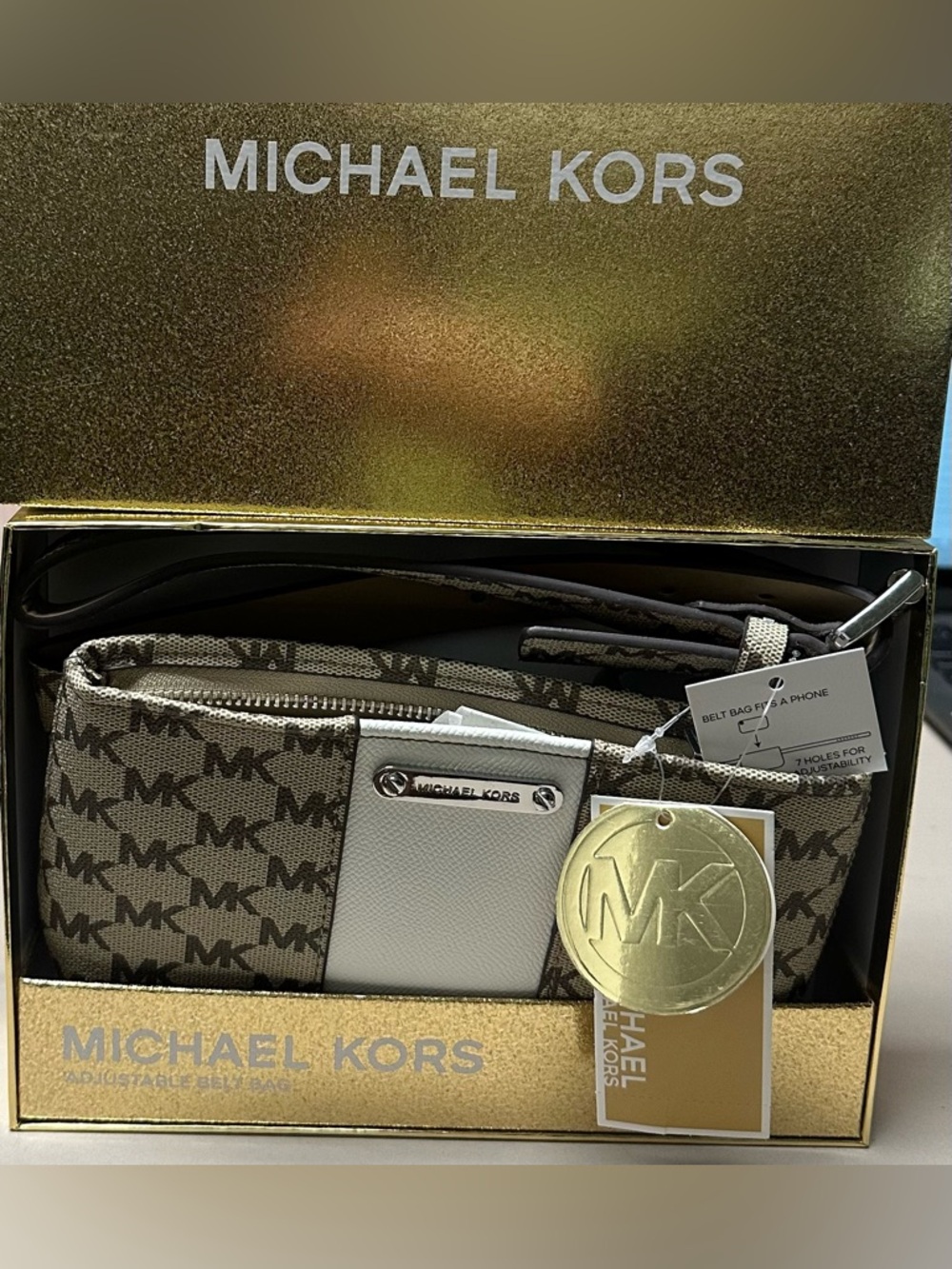 Michael Kors Taupe and White Signature Logo Belt Bag